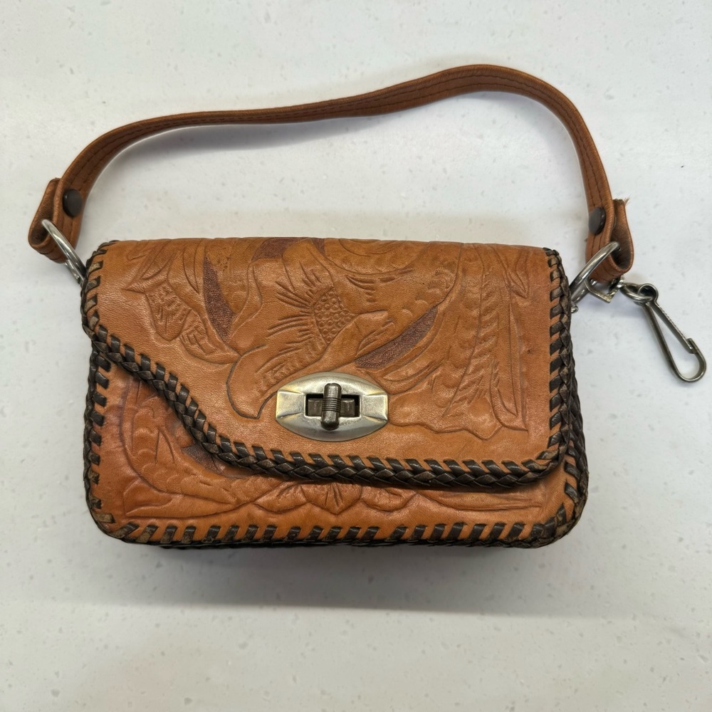 Vintage Handmade Tooled Leather Embossed Flap Over Mini Handbag Purse Western